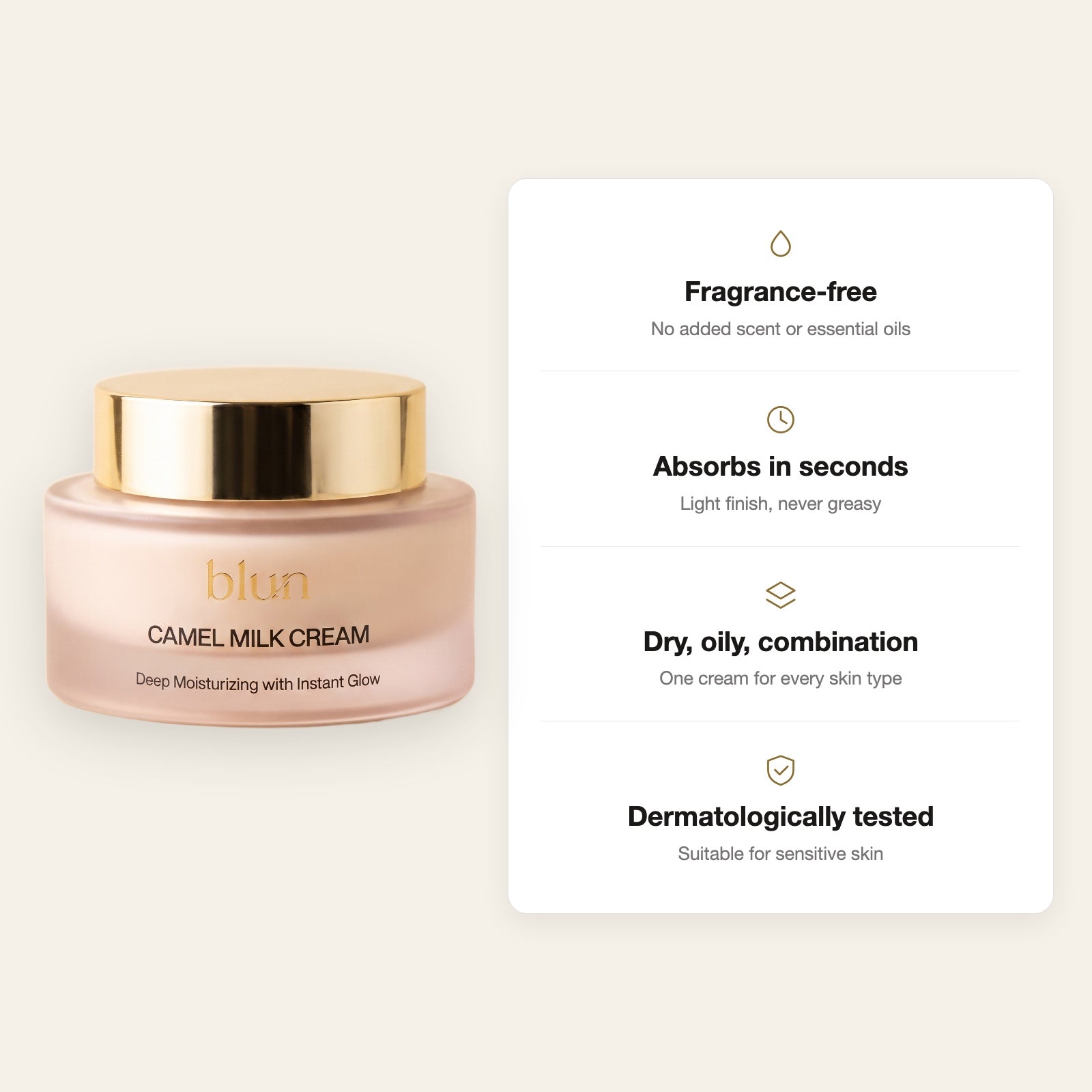 Blun Camel Milk Cream: fragrance-free, absorbs in seconds, for dry, oily and combination skin, dermatologically tested