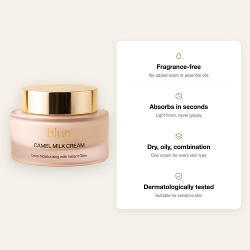 Blun Camel Milk Cream: fragrance-free, absorbs in seconds, for dry, oily and combination skin, dermatologically tested