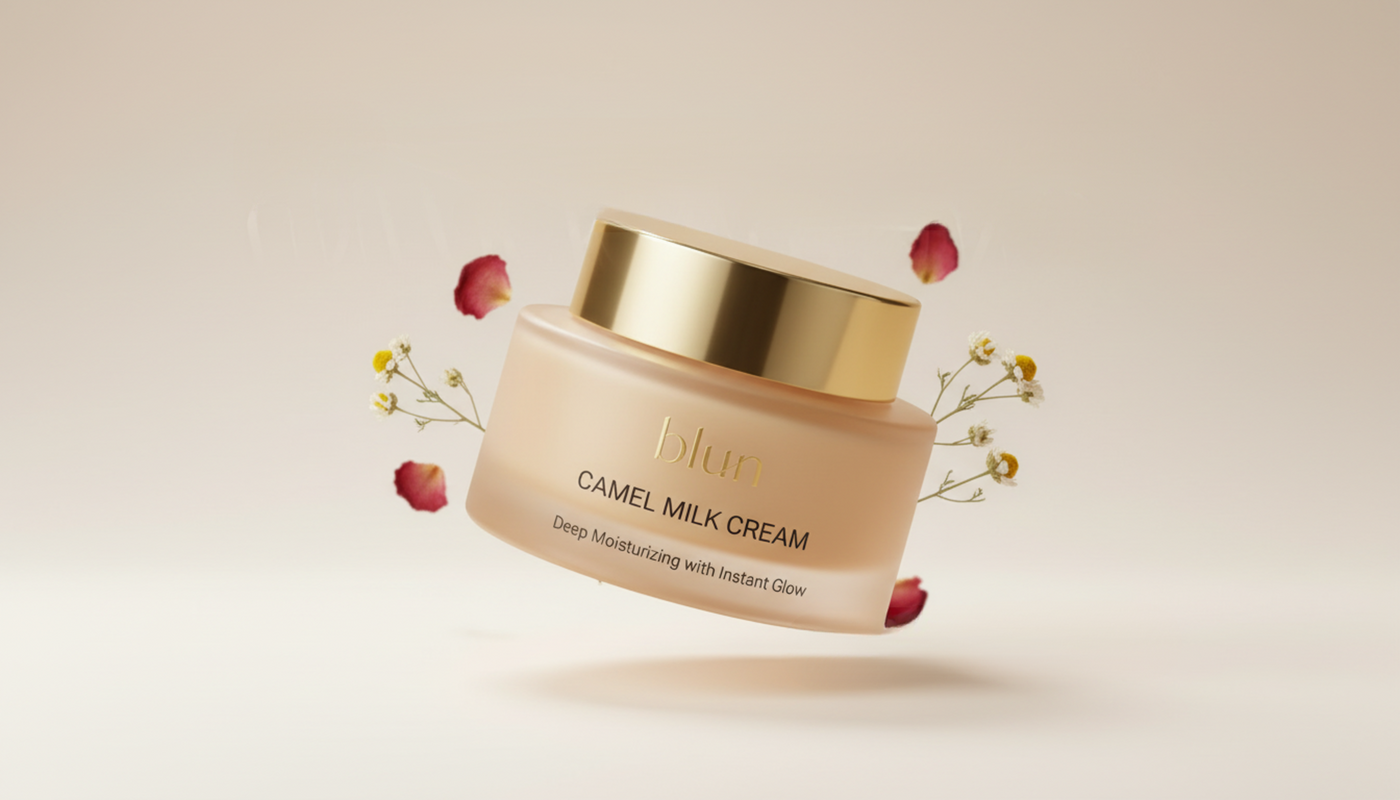 Blun Camel Milk Cream jar with rose petals